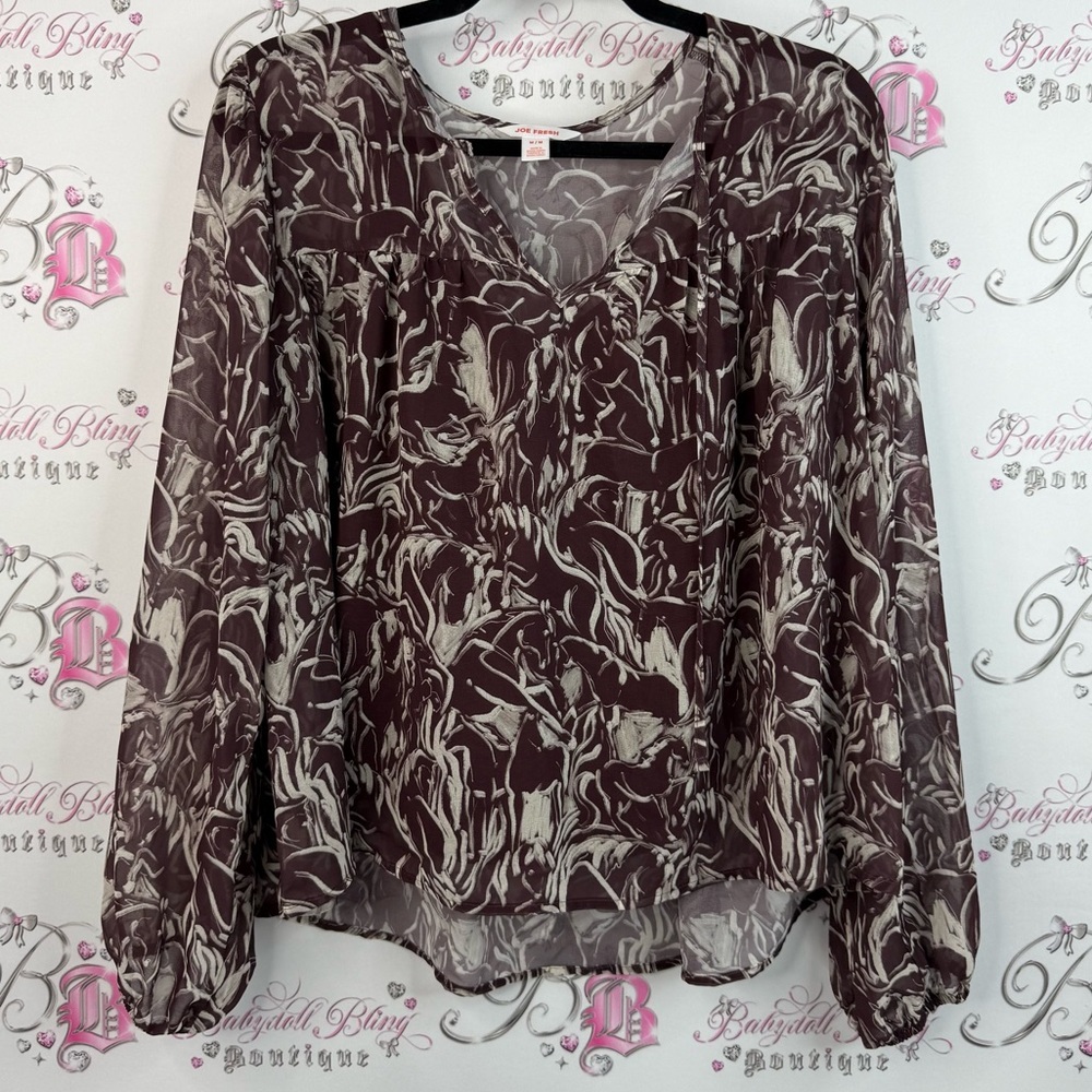 Joe Fresh long sleeve top abstract, Brown and Cream Patterned Blouse